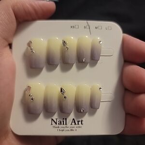 Handmade Cream To Purple Ombre With Jewels Press On Nails Size Small (011)